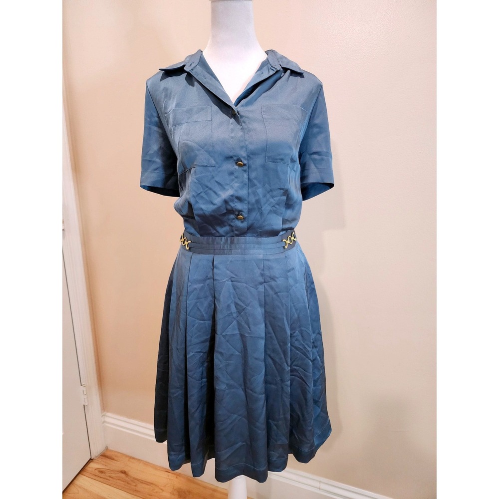 Marciano by GUESS Pleated Satin Shirtdress Steel Blue Gold Hardware Slate